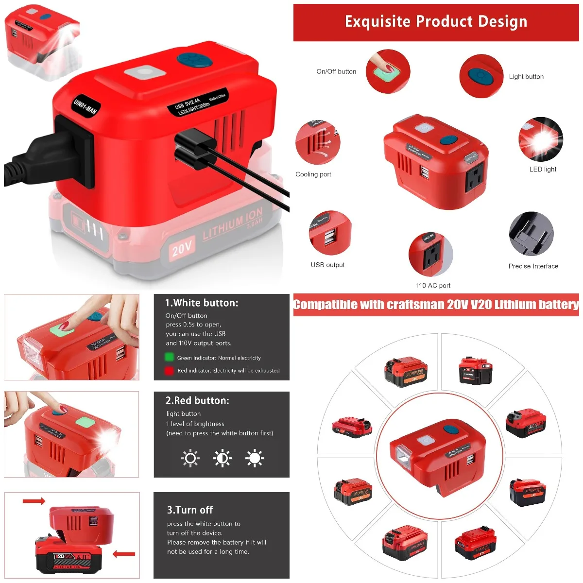 

150W Power Inverter for Craftsman 20V Battery, DC 20V to AC 120V with AC Outlet & LED Light