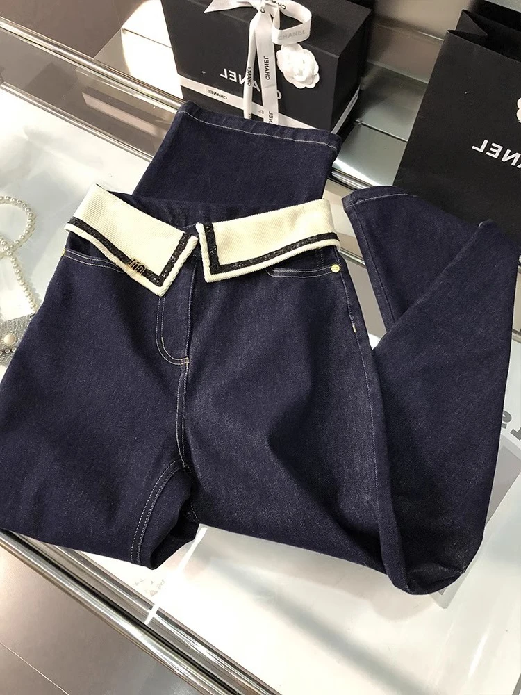 

Широкие джинсы с высокой талией, женские свободные утягивающие брюки небольшого размера в стиле пэчворк, цветная блузка, весенне-осенние джинсовые брюки