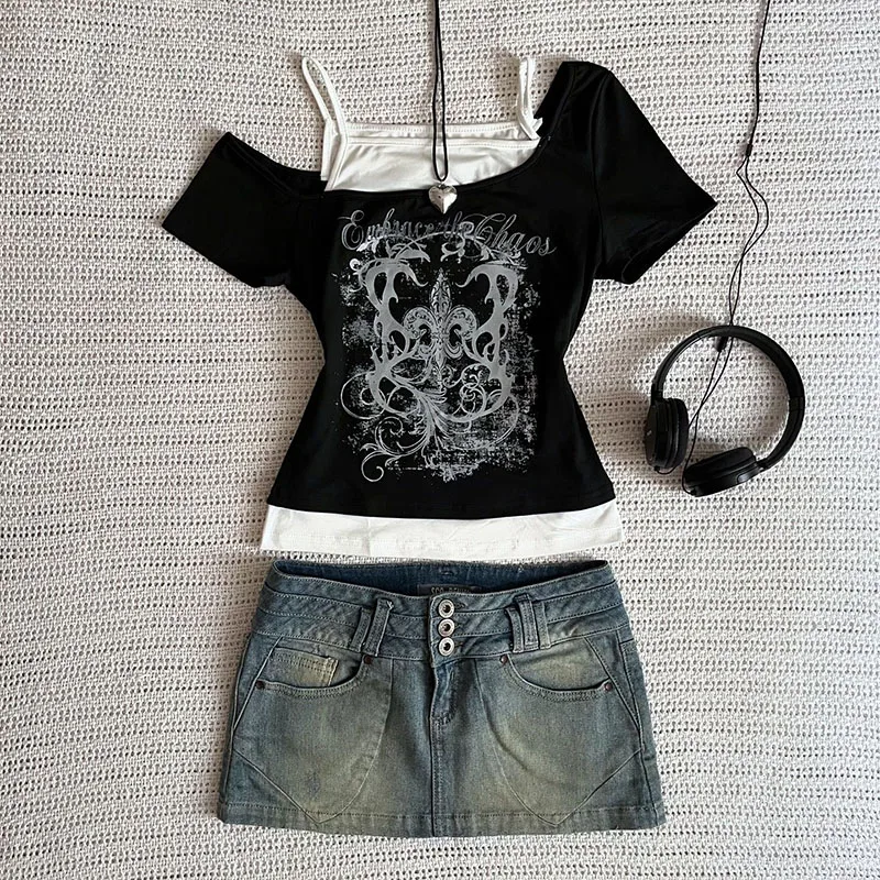 المرأة 90s خمر الشرير تي شيرت الصيف الشارع الشهير مثير قصيرة الأكمام القوطية سليم المحاصيل الأعلى Hotgirl عادية فام المحملة Harajuku Y2k