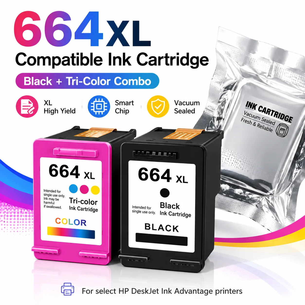 664XL Compatible Ink Cartridge Black & Tri-Color for HP DeskJet Ink Advantage 1115 2135 2675 3635 4535 5075 5275