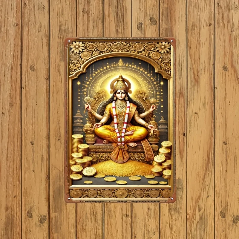 Decorative Aluminum Plaque: Intricate Lakshmi Depiction in A Wealth - Filled Scene, Perfect for Interior Wall Decoration