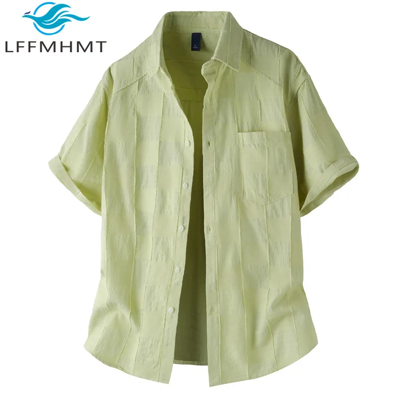 

T242 Men's Short Sleeve Casual Shirt Cotton Blended Japan Fresh Style Summer Fashion Plaided Pattern Relax Fit Blouse Tops Male