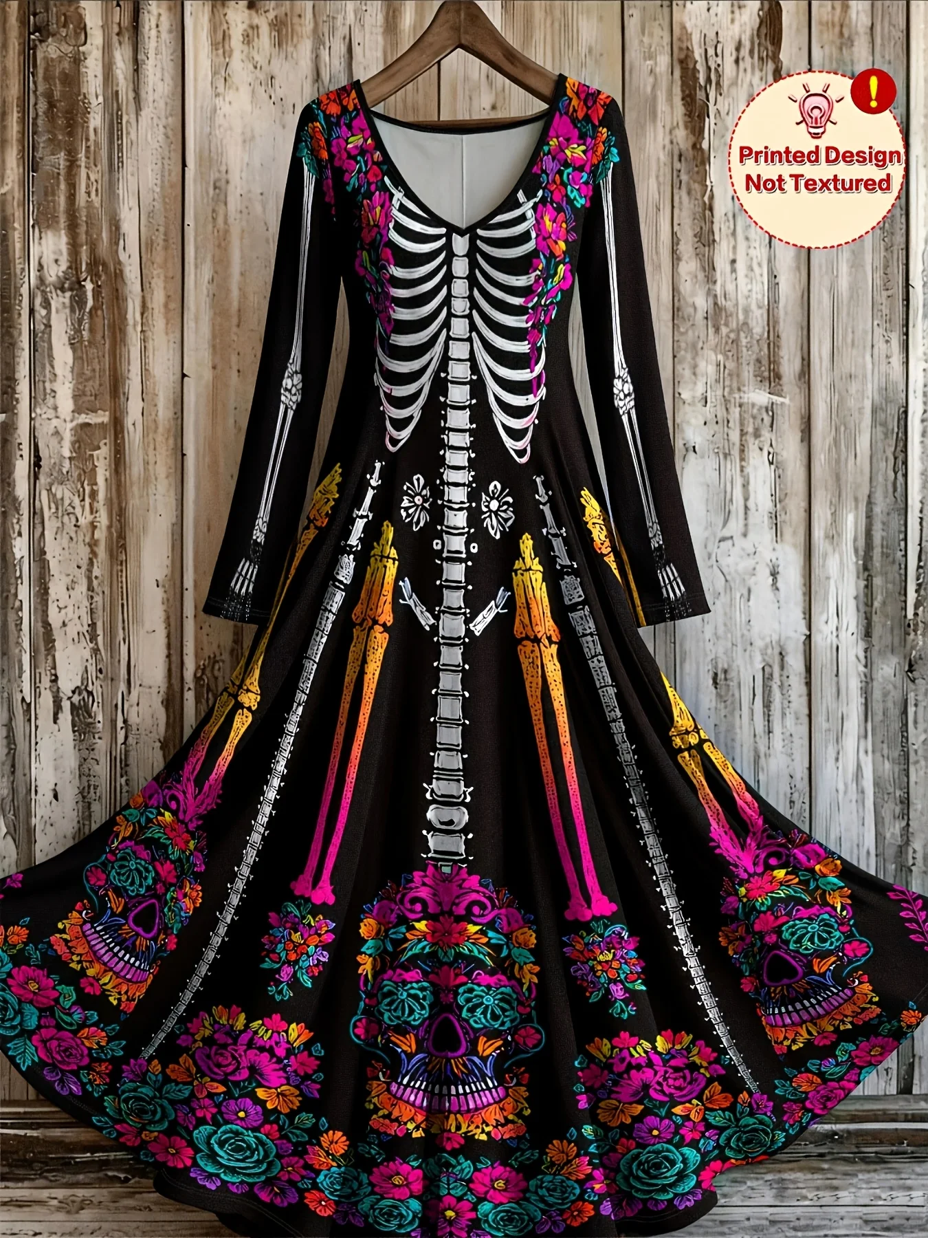 Vestido largo con estampado de calaveras para mujer, estilo retro con detalles de patchwork, cuello en V, manga larga, ideal para el Día de Muertos, Halloween, fiestas de disfraces y eventos de estilo bohemio.