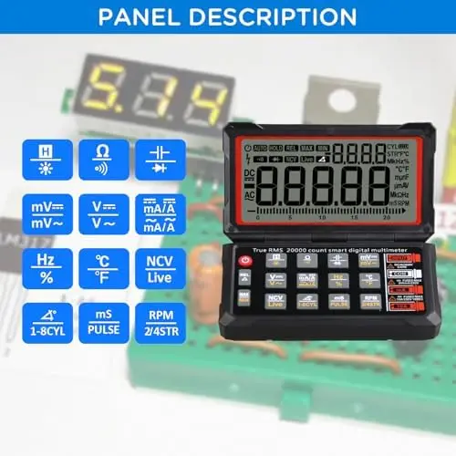 

FROGBRO TRMS 20000 Digital Multimeter with NCV, Auto Range, Voltage, Current, Resistance, Diode, Temp, Dwell, RPM