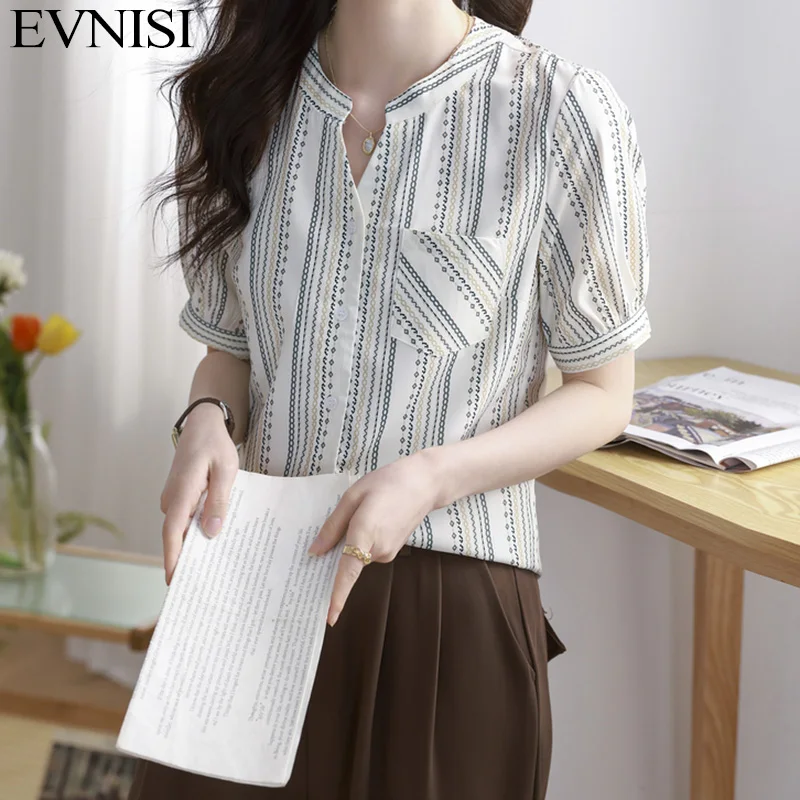 EVNISI Women Striped Printing Chiffon Blouse V-Neck Casual Office Shirt Single Breasted Summer Tops Slim For Women Blouse 2023