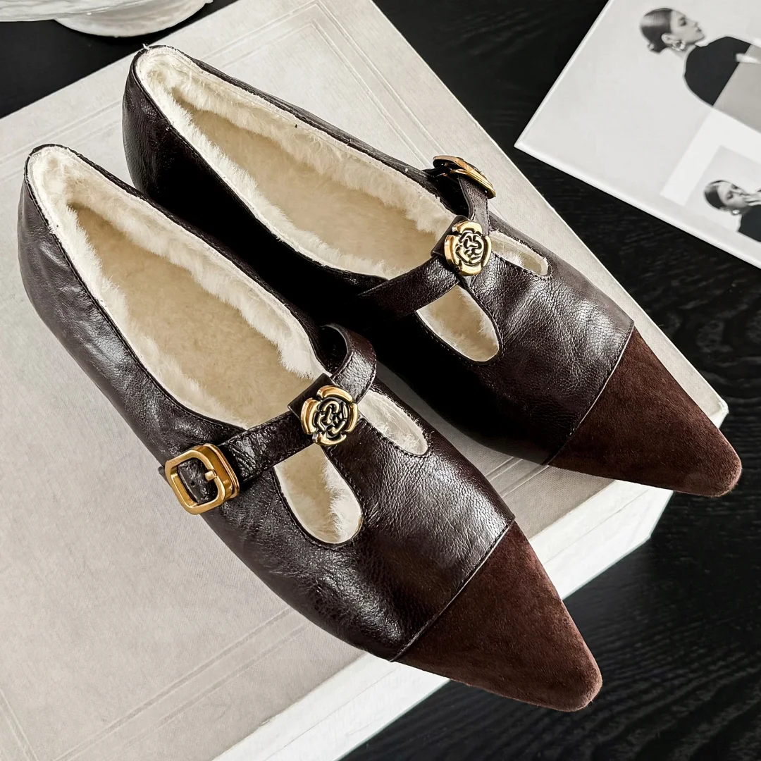 

Женские туфли-лодочки без шнуровки из натуральной кожи в стиле пэчворк с острым носком и узким ремешком с Т-образным ремешком внутри, повседневная обувь на танкетке и среднем каблуке 4 см, распродажа