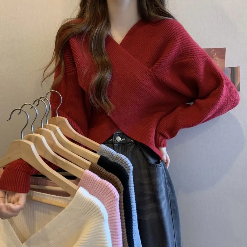 

Crop Sweater Women Spring Autumn V Neck Solid Color Warm Soft Pullover Cardigans Korean Women Vintage Elegant Sweaters Mujer Y2k