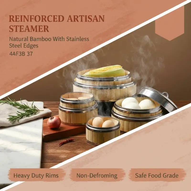 Bamboo Steamer Basket Steel Handle Lid Multipurpose Food Steamer for Bao Bun Fish Dim Sum Home Kitchen Tool