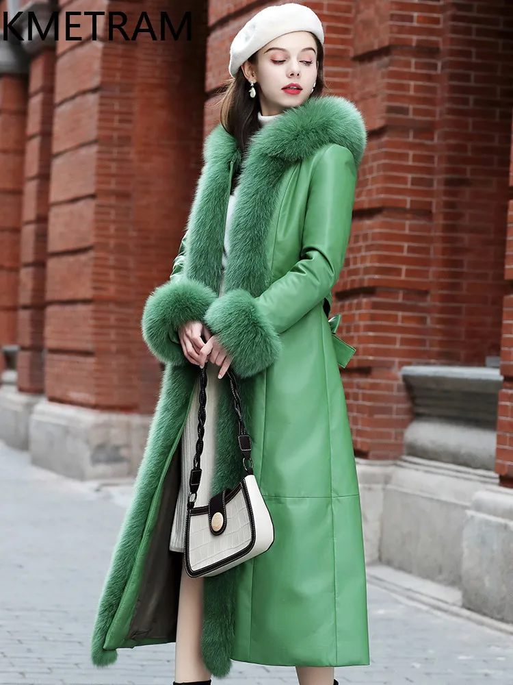 KMETRAM 100% جلد الغنم أسفل معاطف امرأة الأخضر جلد طبيعي سترة طويلة منفوخة مع غطاء محرك السيارة الثعلب الفراء طوق 2025 الملابس الشتوية #4