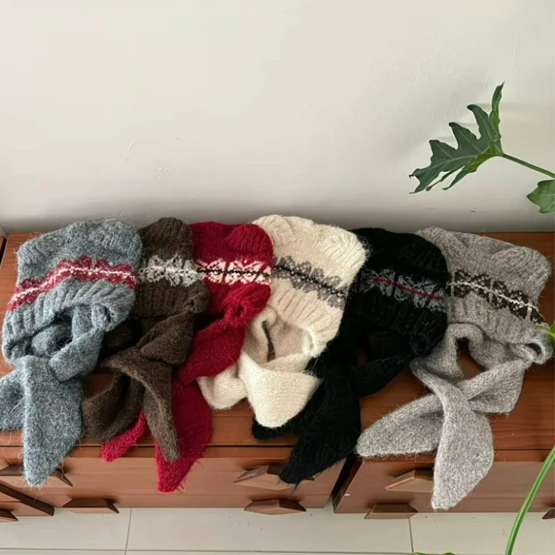 Gorro con bufanda tejida de oso bonito para mujer, gorro con protección para los oídos, pasamontañas cálido para invierno, pañuelo de lana, gorros con capucha para niñas