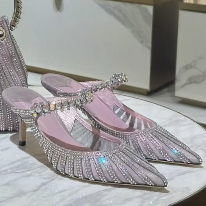 

Pink Shiny Rhinestone Chain Slippers Women Mesh Diamond Studded Pointed Toe Sandals 2025 Luxury Sexy Pary Wedding Mules Shoes