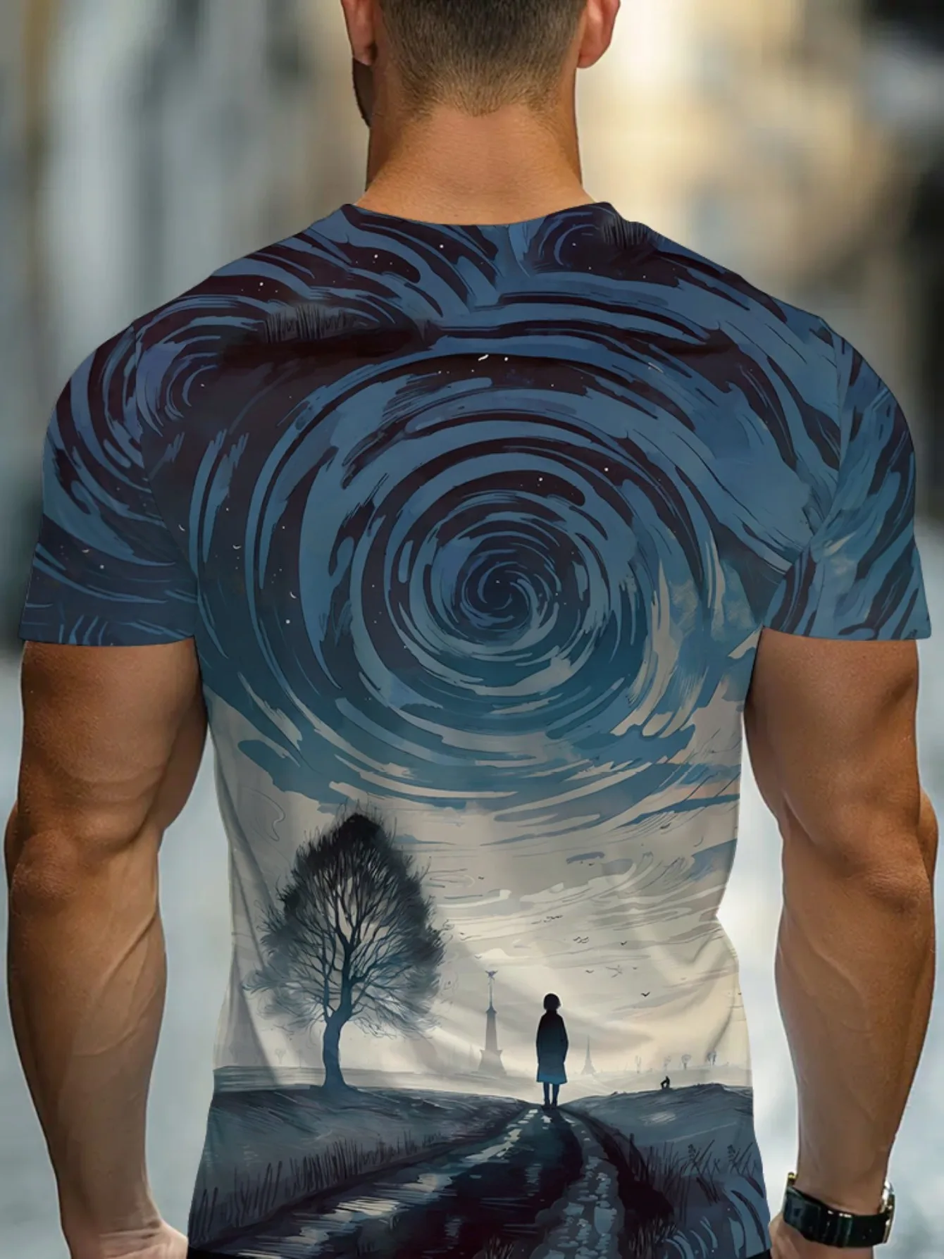 Men Blue Swirl Starry Sky Lone Figure Tree Tower Surreal Landscape Print Short Sleeve Crew Neck Casual T-shirt