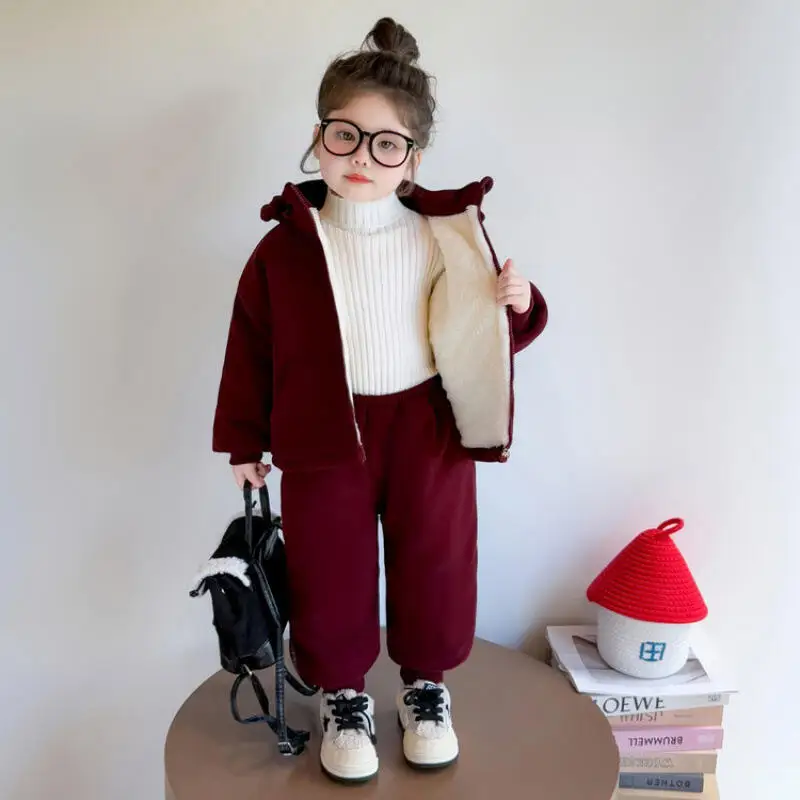 

Пальто для девочек, зимний комплект из двух предметов, утепленные брюки, осенние топы с капюшоном, спортивная одежда, детская универсальная кавайная модная новая повседневная одежда