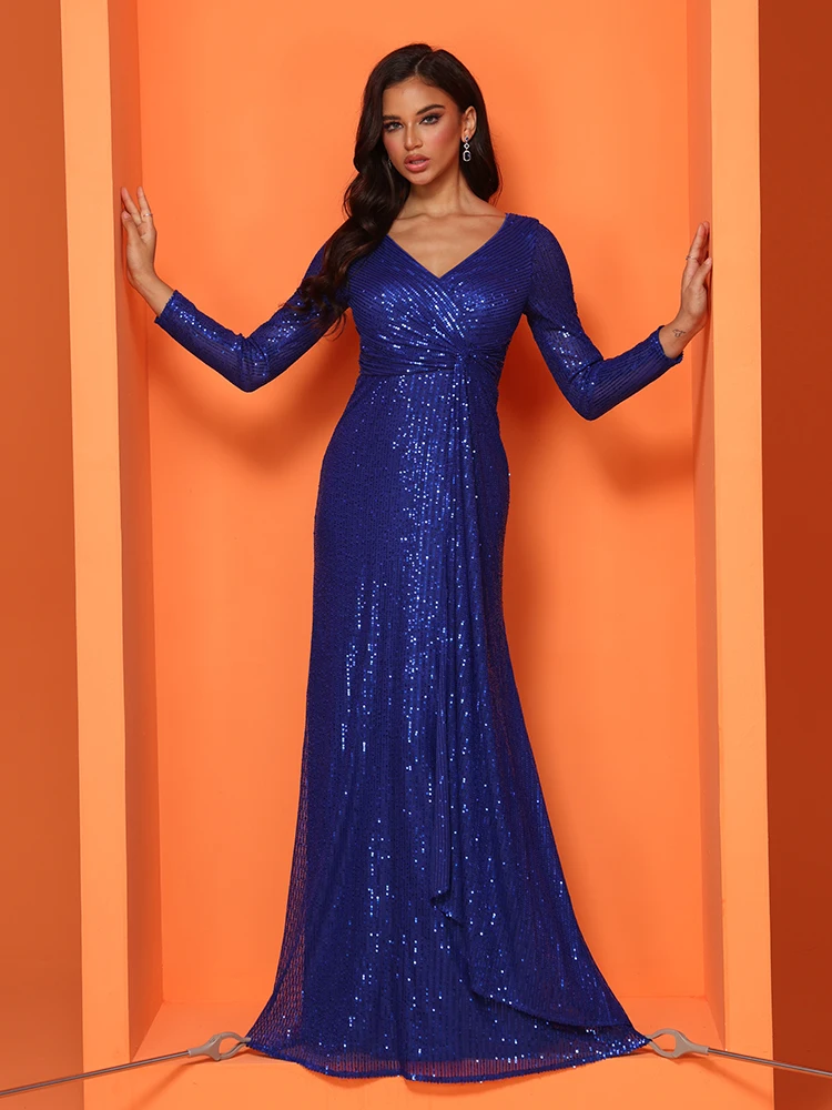 XUIBOL Elegant Blue Evening Dress For Women 2024 Luxury Long Sleeve Mermaid Formal Sequins V-neck Prom Wedding Party Gowns