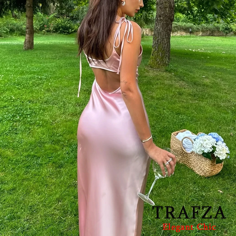 TRAFZA Sexy Solid Pink Satin Long Dress Women Hollow Out V Neck Backless Cami Dress Fashion 2024 Y2K Girl Party Slim Silky Dress