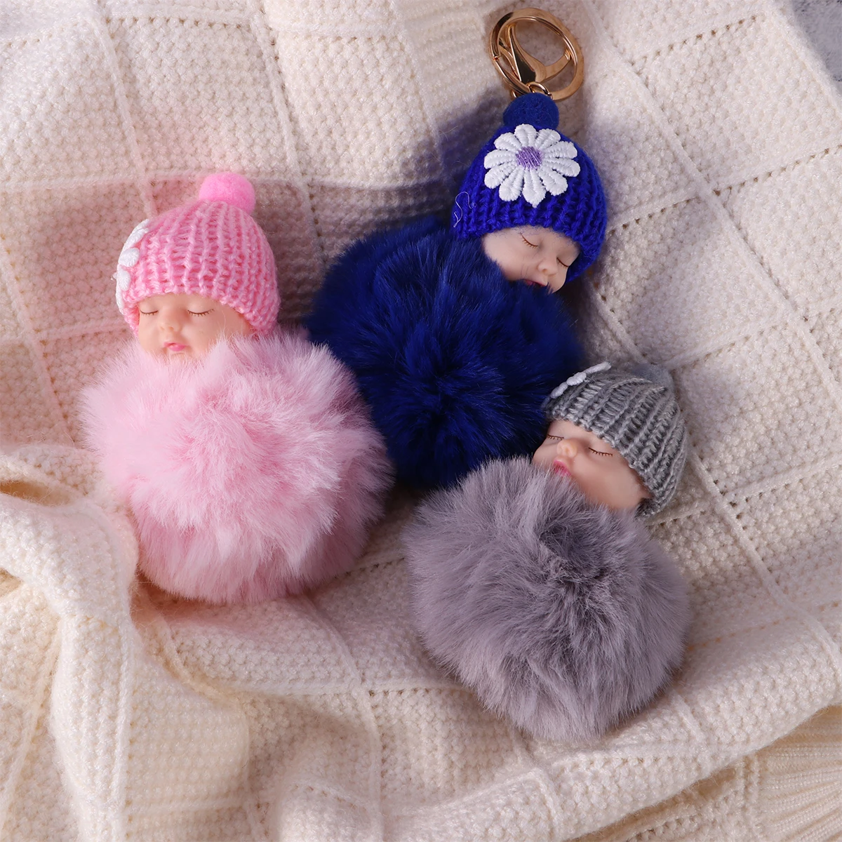 Dormindo bebê bola pompom chaveiro luz cinza encantador bolsa carro carteira pingente novidade chaveiro presente para mulher