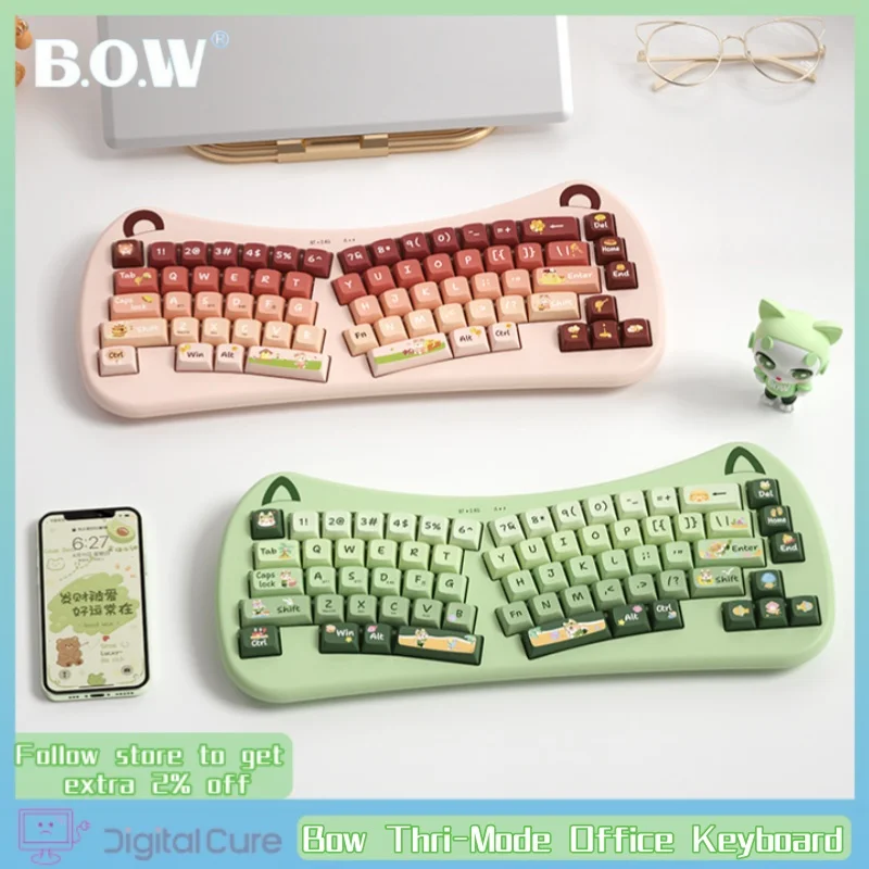 

Офисная клавиатура Bow Alice, 68% трехрежимная двухрежимная эргономичная беспроводная Bluetooth-клавиатура и мышь, набор Ipad, планшетный компьютер, офис