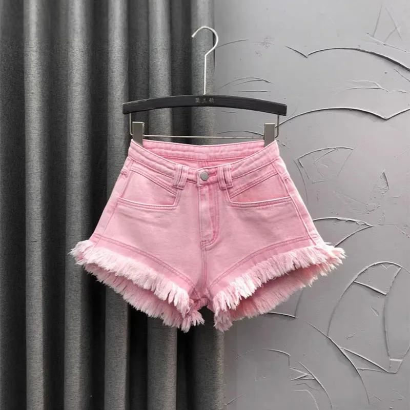 Summer Tassel Denim Shorts For Women 2026 New American Casual Fashion High Waist Solid Color Simple Spicy Girl Sexy Hot Pants
