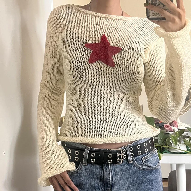 

Star Slim-Fit Round Neck Top for Women 2024 Spring European and American Fashion Sweater Personality Street Leisure Pullover