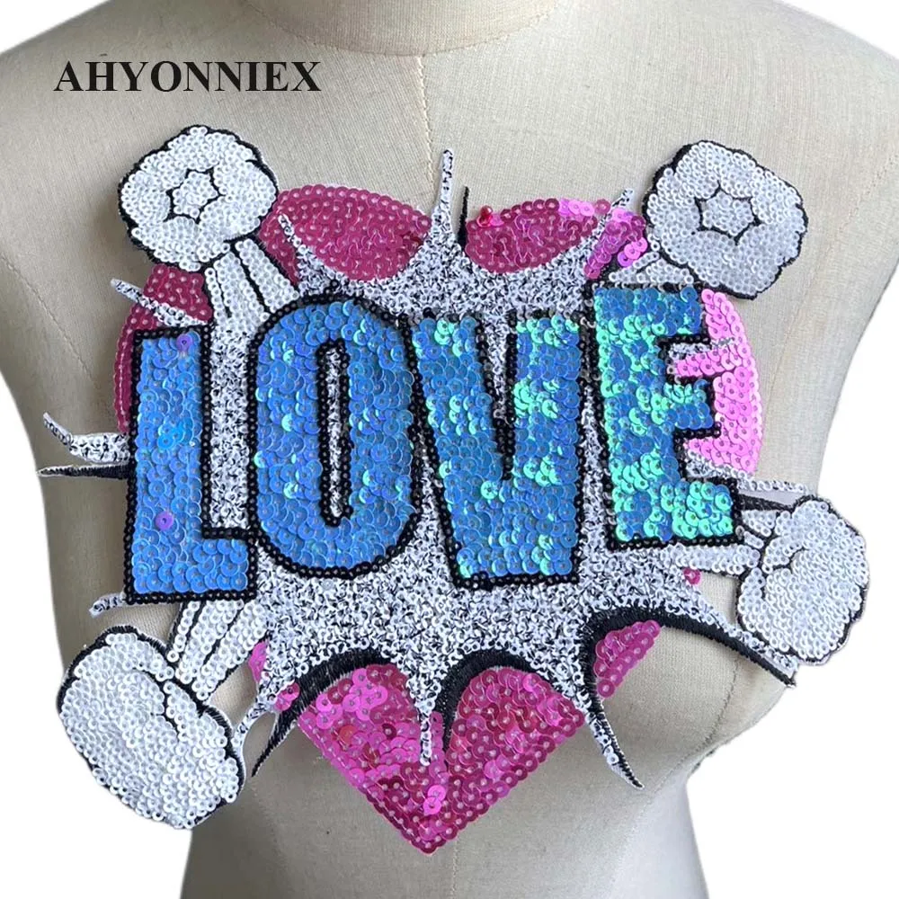 25CM X 21CM Shining LOVE Heart Embroidery Patch Sequins Patches For Clothing Applique Iron On Patches