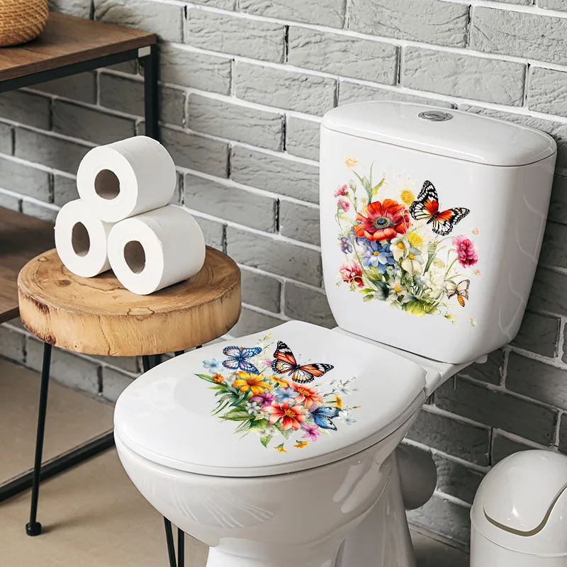 New Elegant Flower Branches and Leaves Butterfly Bathroom Toilet Sticker Home Waterproof Wall Sticker