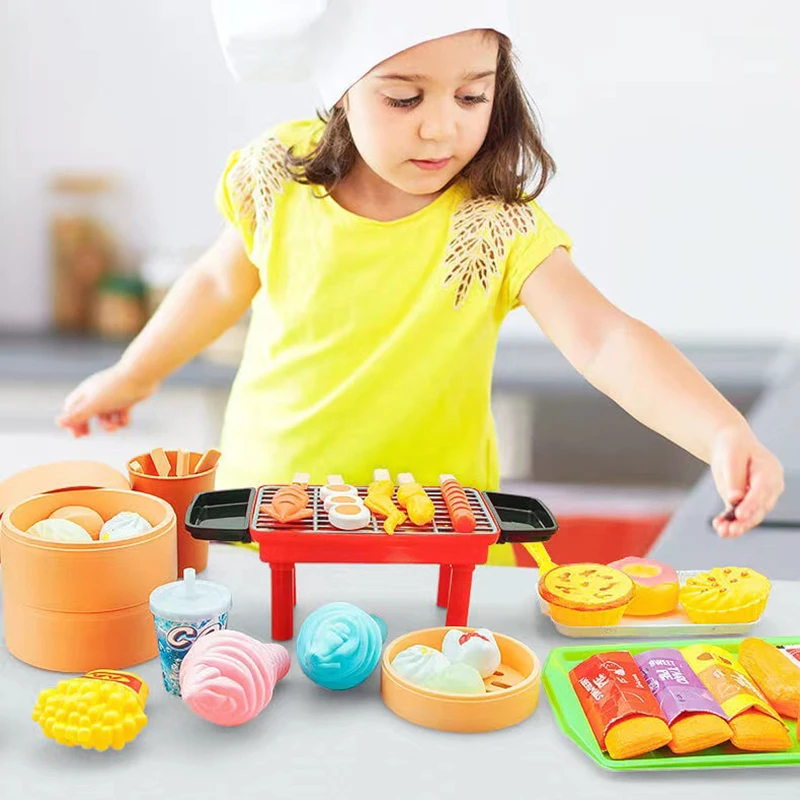 Kids Food Kitchen Pretend Play Toy Simulation Cooking Cookware Mini Pot Hamburger Pizza Food Minature Role Play Educational Toys