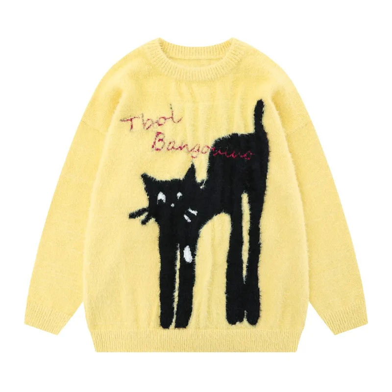 

Spring Cat Embroidered Round Neck Men's Sweater Casual Fashion Loose Knitted Couple Street Hip Hop Harajuku Pullover Jaqueta