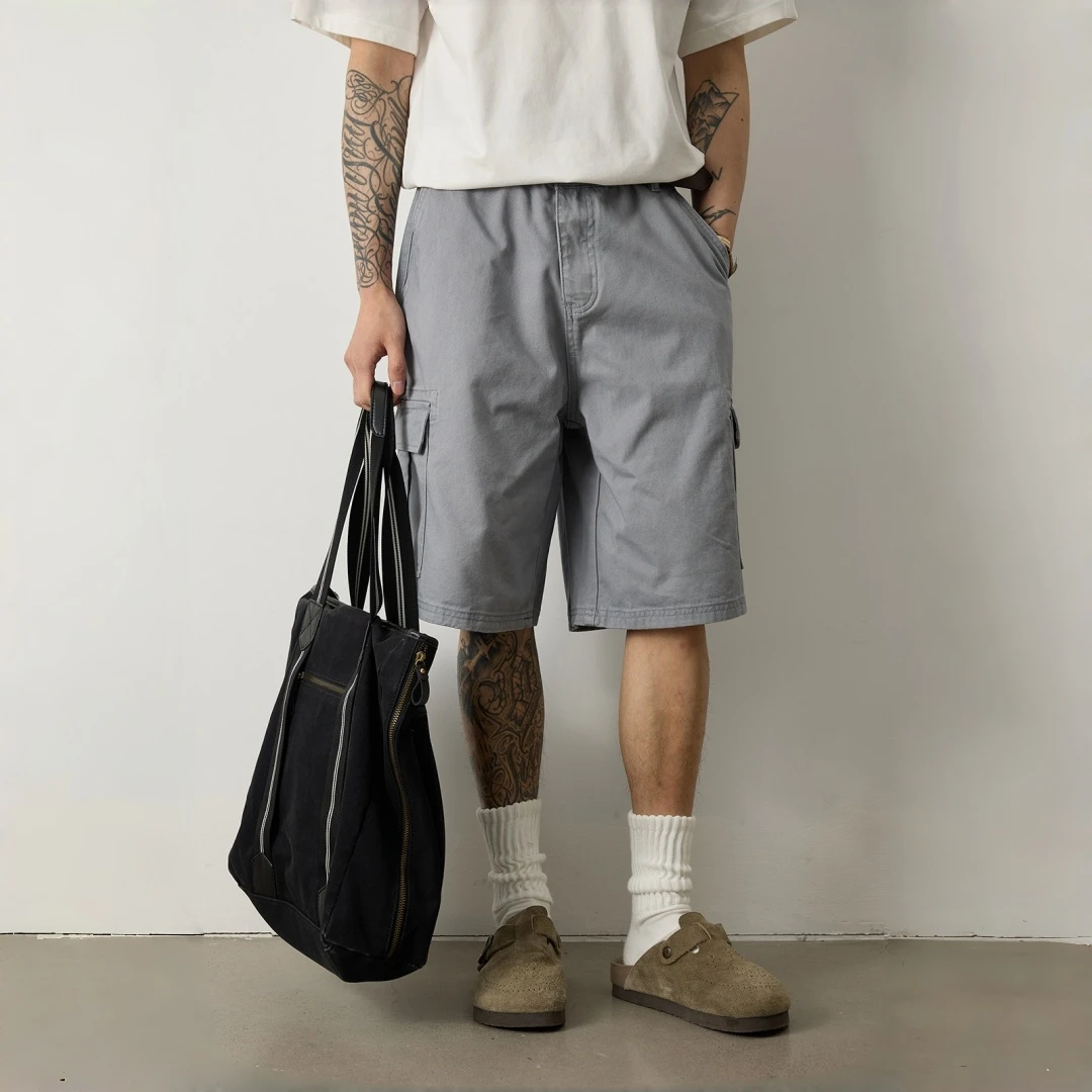 Unisex Cotton Washed Cargo Shorts Multi Pockets Mid Length Loose Fit Vintage Blue Casual High Quality Versatile Summer Trendy