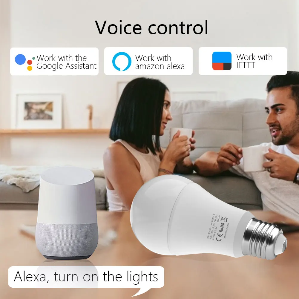 Tuya 9W WiFi Smart LED Light Bulb 110-240V E27 RGBCW Lamp Dimmable Smart Life APP for Google Home Assistant Echo Alexa RGB+CCT