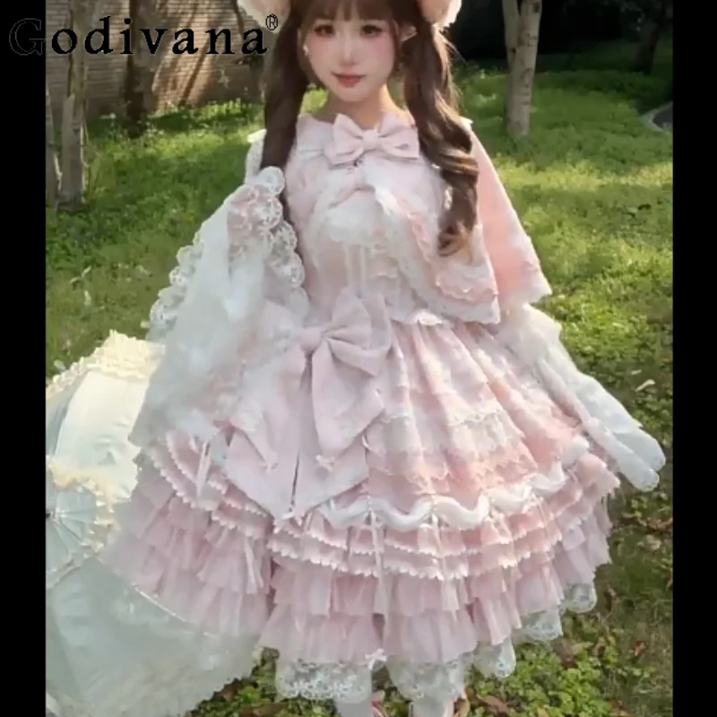 

Elegant Pink Lolita Birthday Party Suspender Christmas Princess Dress Fashion High Waist A-line Cute Girl Bow Cake Fairy Dresses