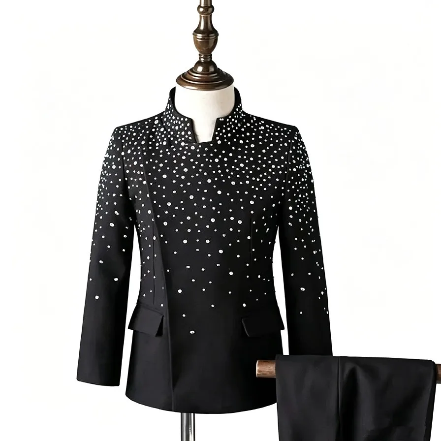 Boys Stand Collar Tuxedo Suit Rhinestone Beaded Set Children Pageant Wedding Birthday Stage Performance Costume For 3-16Y A4237