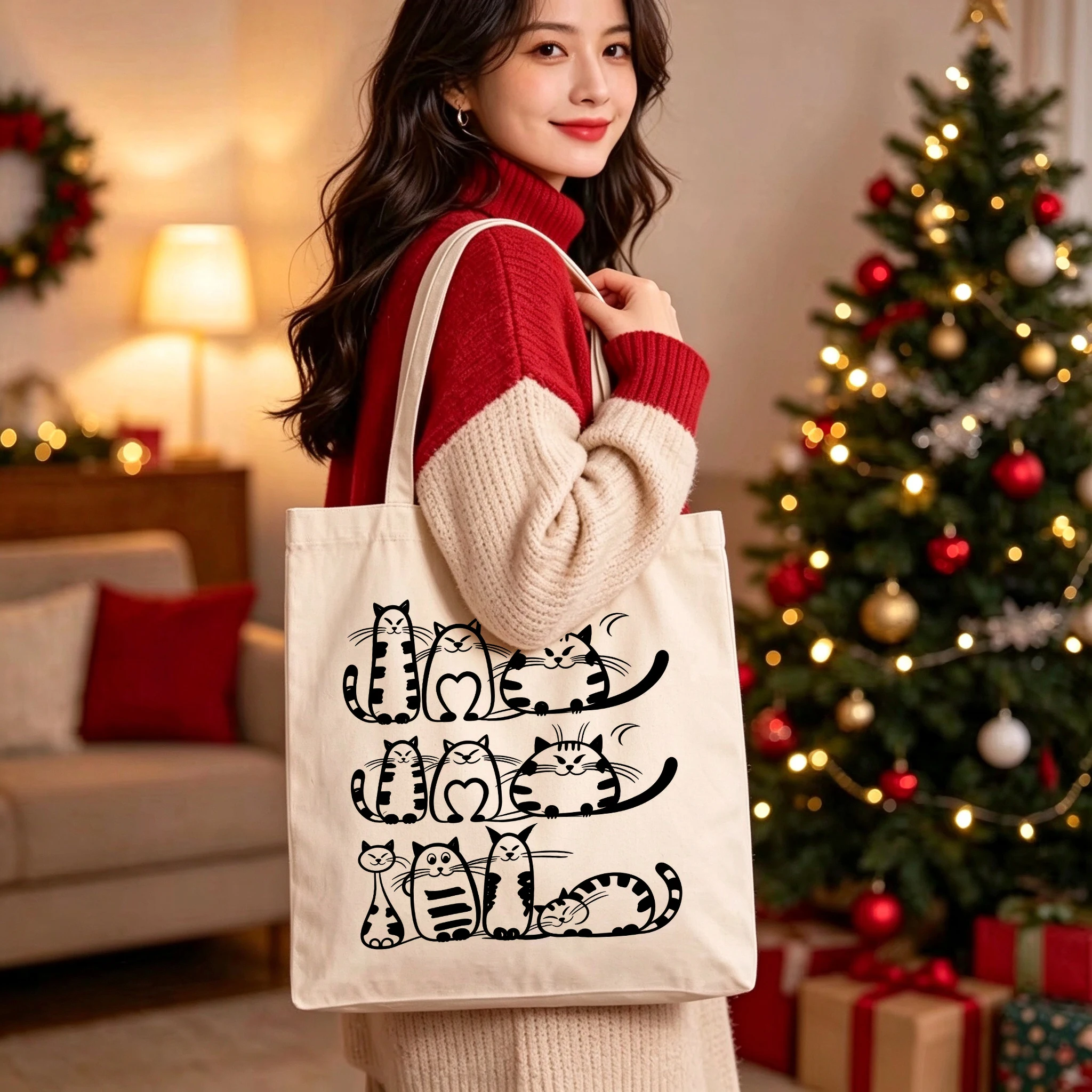 Personalized Black Cats Canvas Tote Bags Custom Names Cute Kitten Halloween Grocery Shopping Bags Reusable for Women Girls Gifts