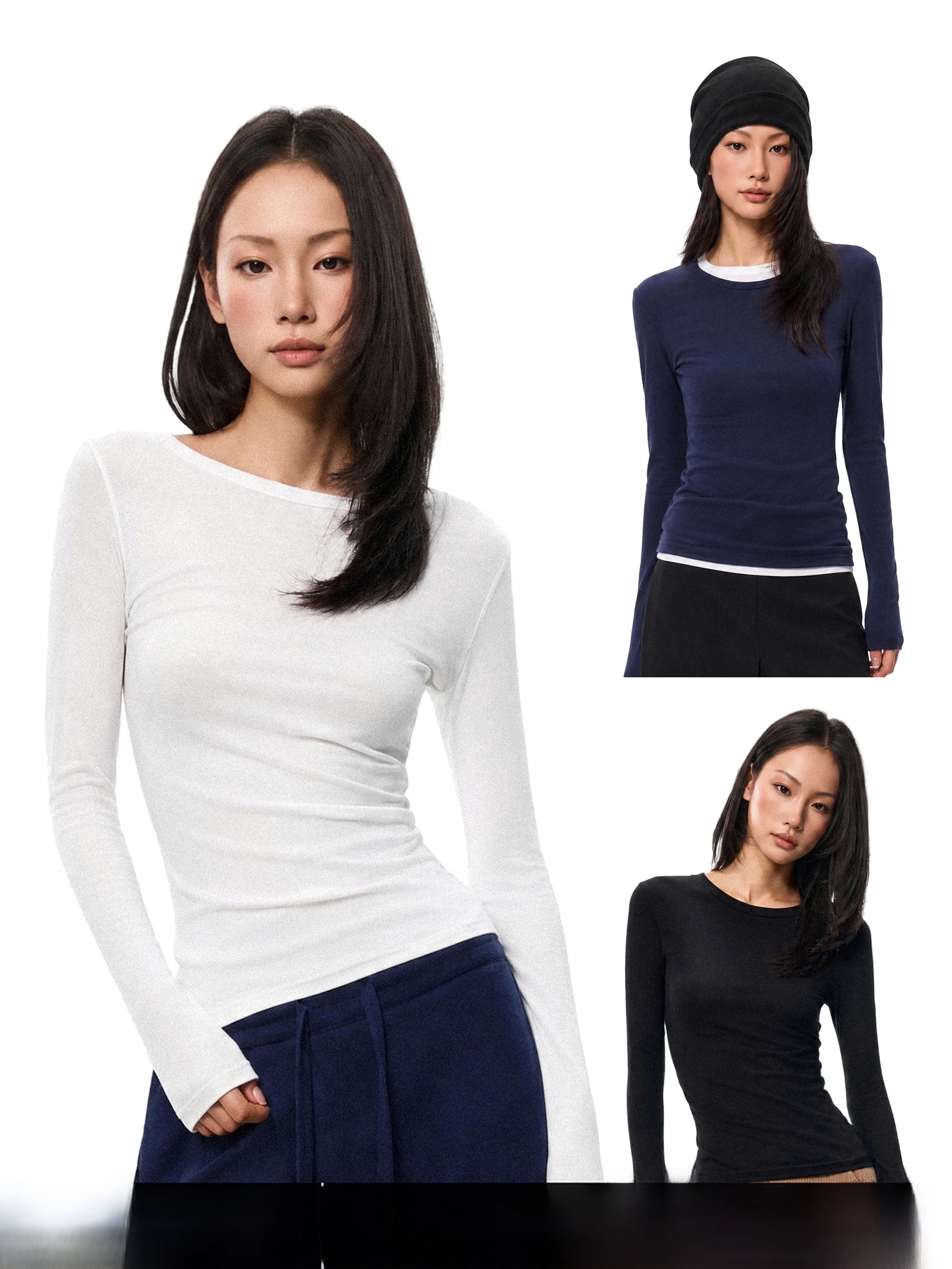 GoGo Burn Basic Long Sleeve round Neck T-Shirt Women's Slim Fit Casual Style Short Length V-Neck Top for Autumn Season