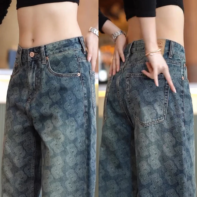 

Повседневные модные джинсы с цветочным принтом, свободные широкие брюки для мужчин, универсальные драпированные джинсовые брюки из хлопка, городская молодежная одежда
