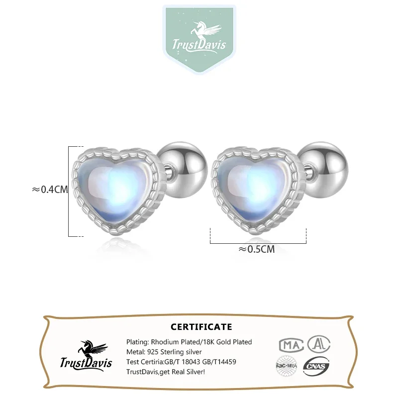 TrustDavis Real 925 Sterling Silver Heart Synthesis Coloured Glaze Screw Stud Earrings for Women Wedding Fine 925 Jewelry DB514