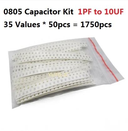 35 Values*50pcs=1750pcs SMD 0805 Capacitor Kit 1PF-10UF Assorted Kit Set 4.7PF 22PF 47PF 102 222 472 682 103 223 104 334 105 106