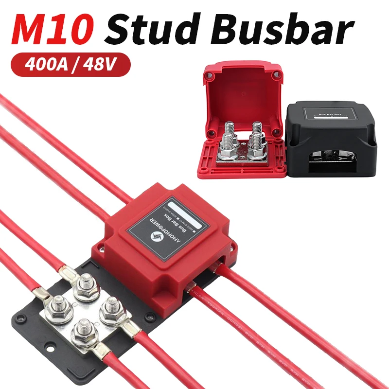 

M10 Stud Busbar Car Ferry Battery Negative Terminal Red Black with Cover 4 X 3/8 "(M10) RV For Modification Universal 400A 48VDC