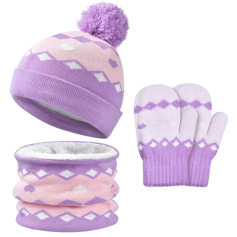 1-6Y Autumn Winter Children Baby Knit Gloves Hat Scarf 3pcs Suit Outdoor Windproof Warm Velvet Kids Boy Girl Ring Muffler Hats