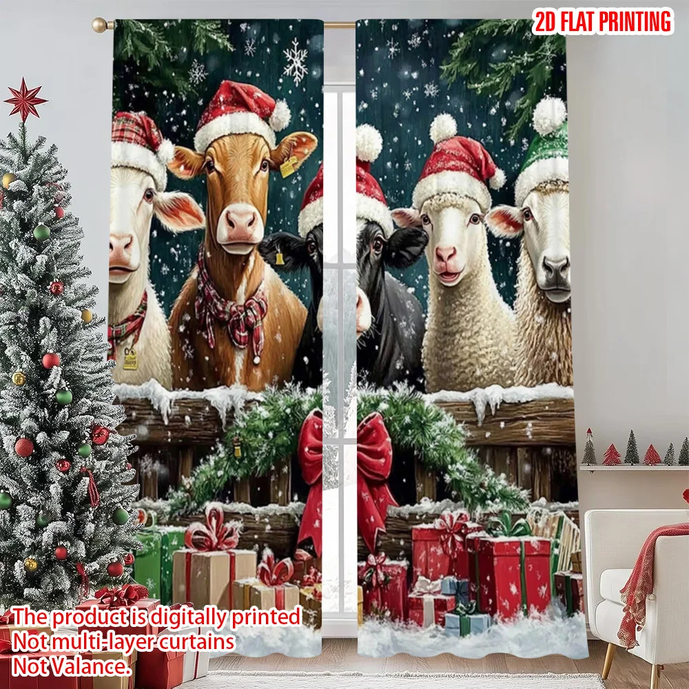 

2pcs 2D flat printing Merry Christmas Window Drapes Farm animals celebrate Christmas Versatile Polyester Fabric Without
