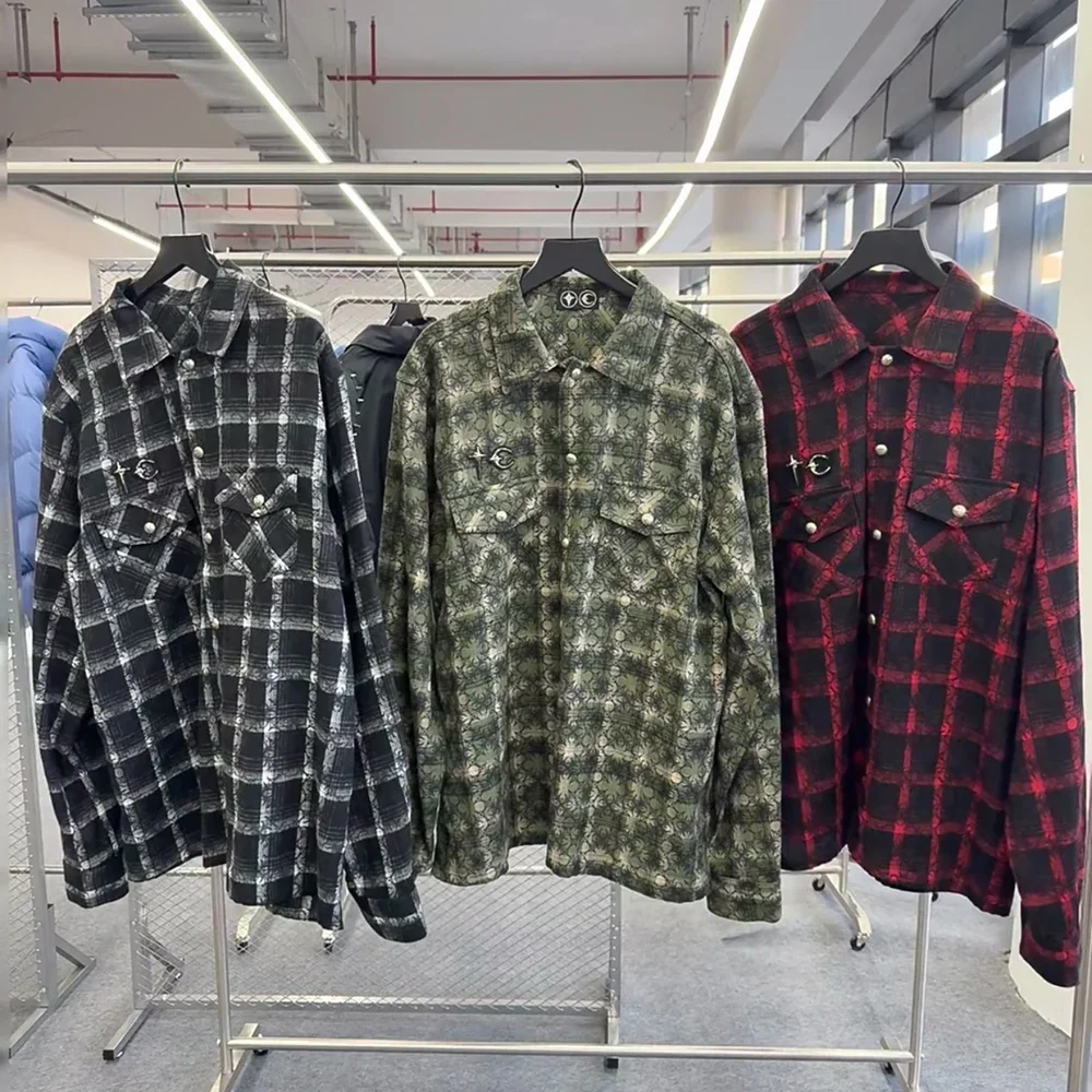 

Full Stars and Moon Print Plaid Shirts for Men Laple Contrast Color Pockets Loose Autumn Long Sleeve Checkerboard Shirt