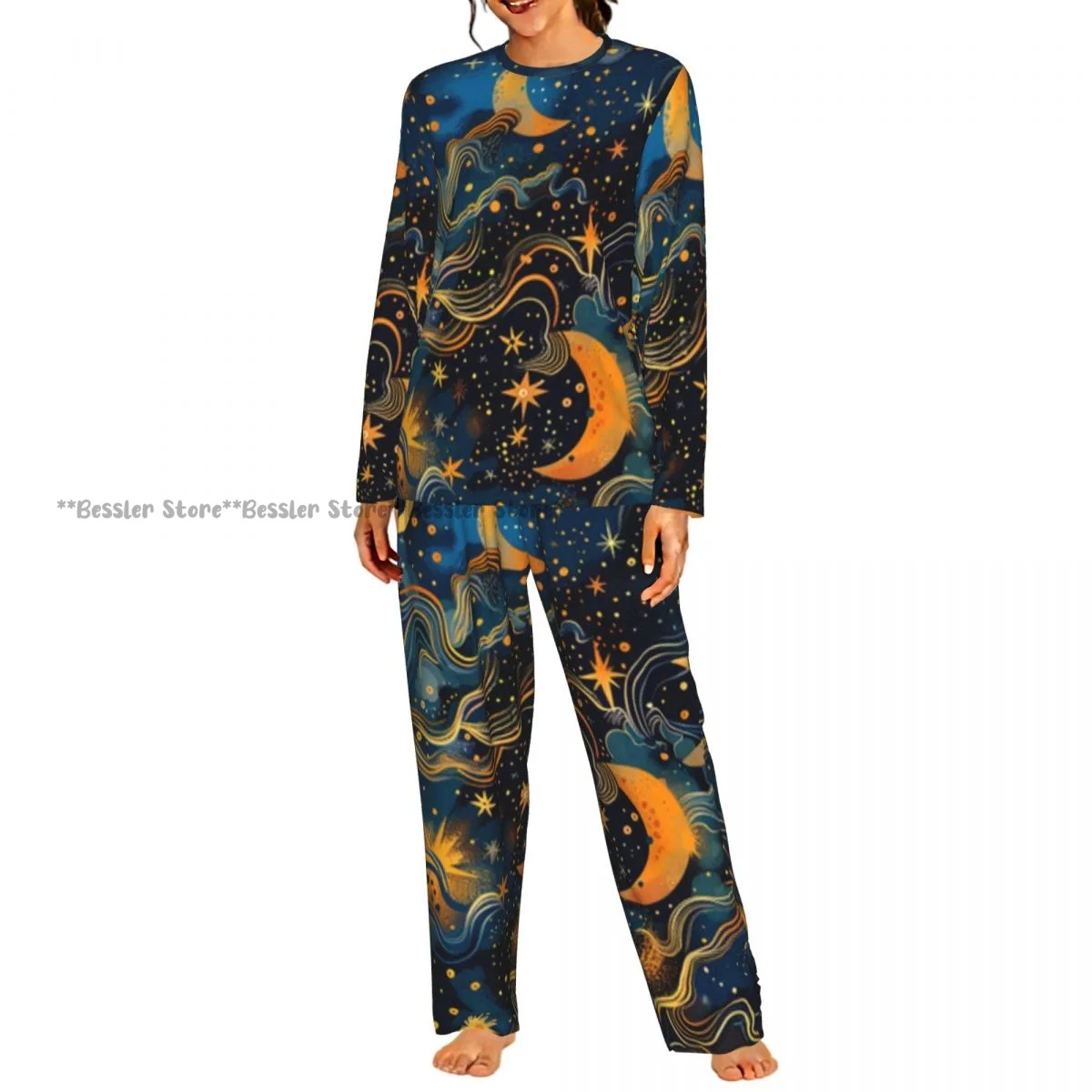 Women Casual Round Neck 2PCS Sleepwear Set Long Sleeve Shirt & Long Pants Moon Stars And Clouds Daily Home Loungewear