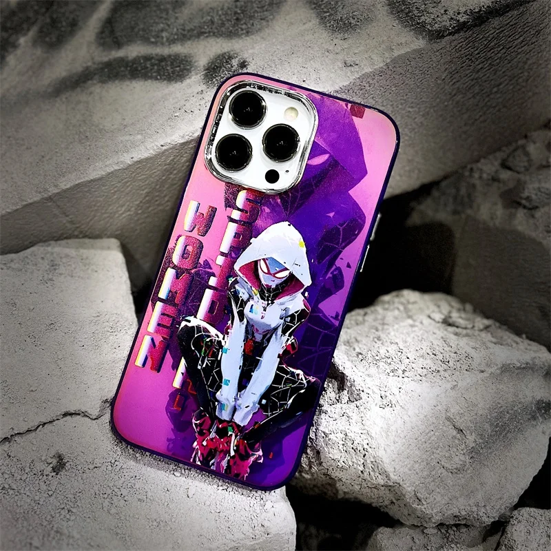 Cartoon Anime S-Spiderman Fluorescence Phone Case For iPhone 15 14 13 12 11 Pro Max Laser Plating Shockproof Funda Back Cover