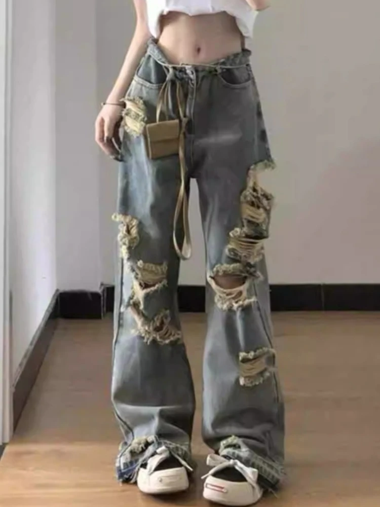 

American High Street Jeans Hole Hollow Out High Waist Raw edge Solid Color Straight Pants Y2k Harajuku Vintage Women's Clothing