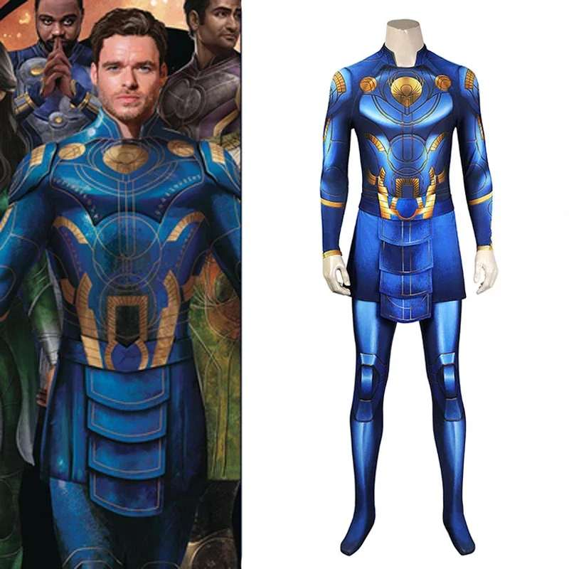 Adult men superhero Ikaris cosplay costume Ikaris blue jumpsuit with belt Halloween Zentai suit