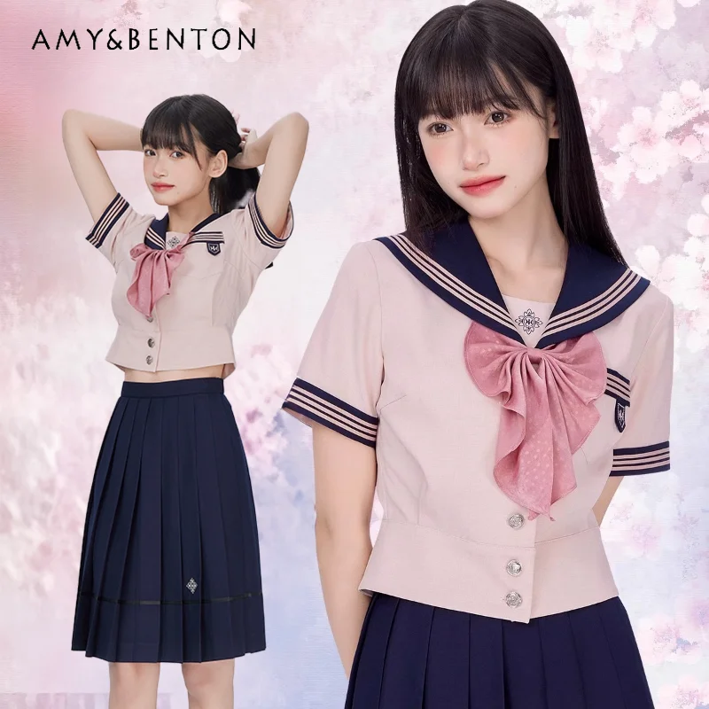 

2024 New Japanese Summer Sailor Suit JK Uniform Preppy Style Pink Short Sleeve Top High Waist Slimming A-line Skirt Set For Girl