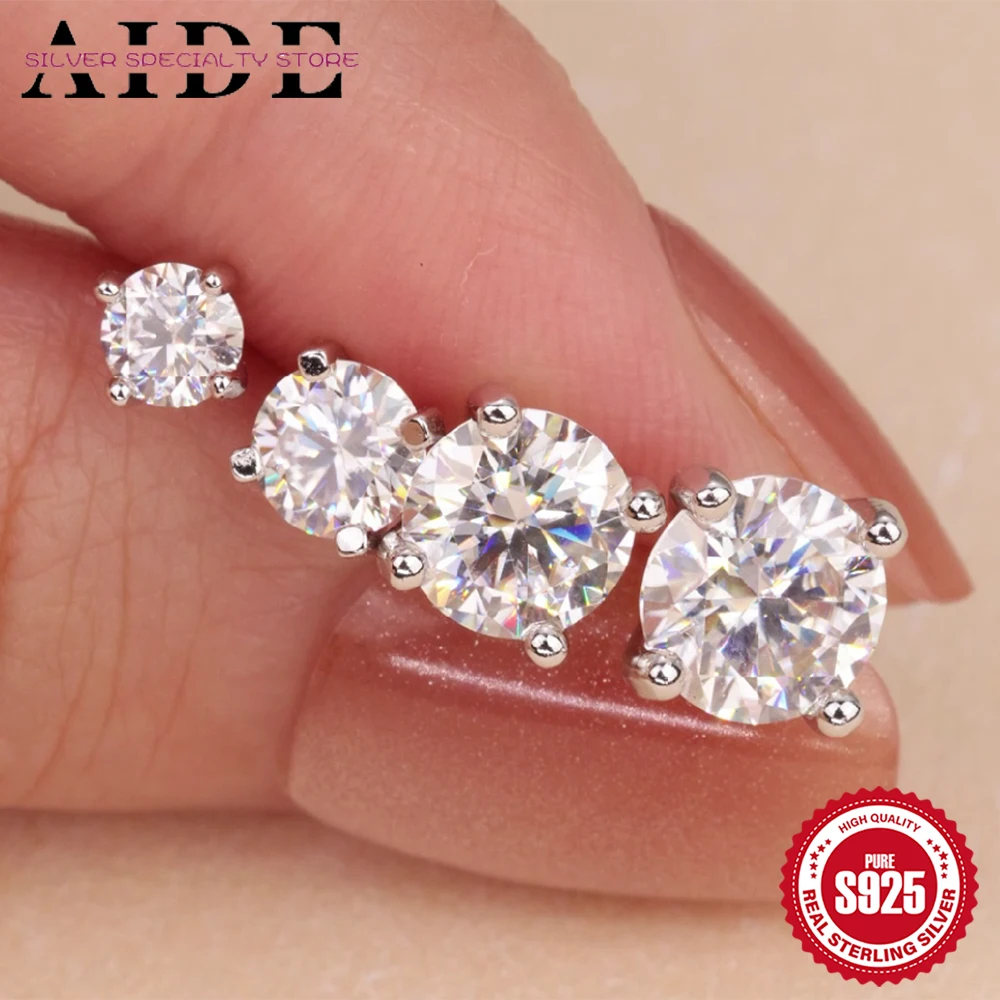 

AIDE 925 Sterling Silver 0.5-1.2 Carat Round Shiny Moissanite Earrings For Women DailyWear Wedding Bridal Fine Jewelry