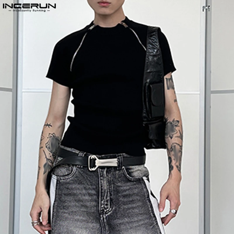 INCERUN 2023 Men T Shirt Solid Color Zipper Knitted O-neck Short Sleeve Men Clothing Streetwear Fitness Casual Tee Tops S-5XL