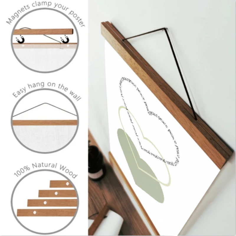 21-90cm 8 Sizes Magnetic Wooden Poster Frame, Teak Painting Wood Hangers Hanging Frame for Poster &