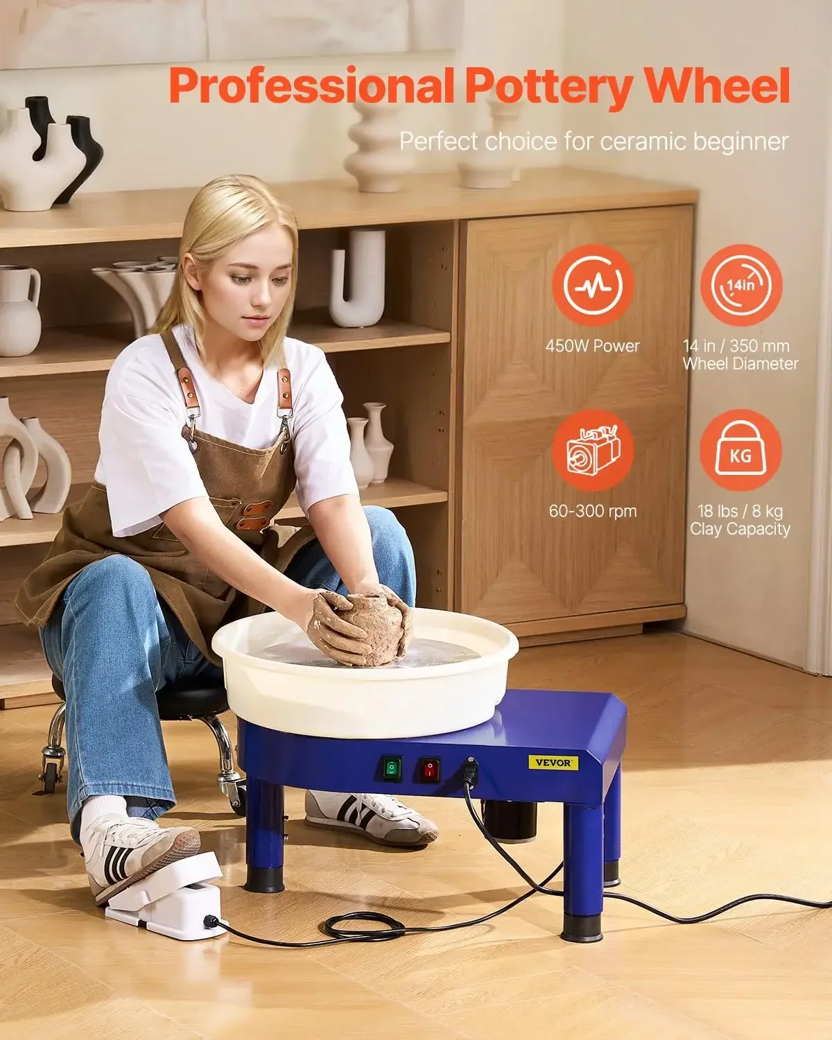 

[Free Shipping!]14in Pottery Wheel for Adults Beginners, 0-6in Height-Adjustable, 450W Forming Machine60-300RPM Electric