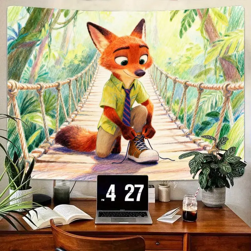 

1 шт. Зоотопия, Ник Уайльд, Фокс, завязывающий шнурок, гобелен, анимированный мост джунглей, полиэстер, настенное искусство, современный декор комнаты, подарок для фанатов.